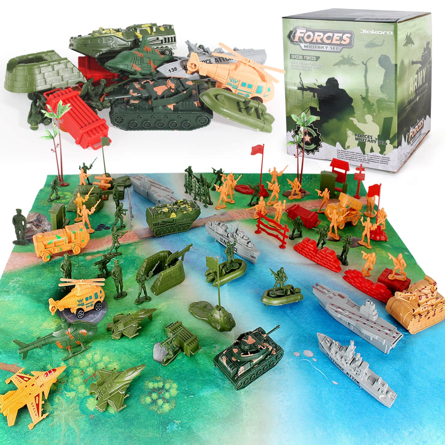 Jiakora Army Men Toys Large Battle Playset - Includes Military Action Figures, Battle Mat, Vehicles, Tanks, Aircrafts & Boats, Pretend Army Base Accessories, Mini Military Playsets Toys for Boys 4-12 Years Old