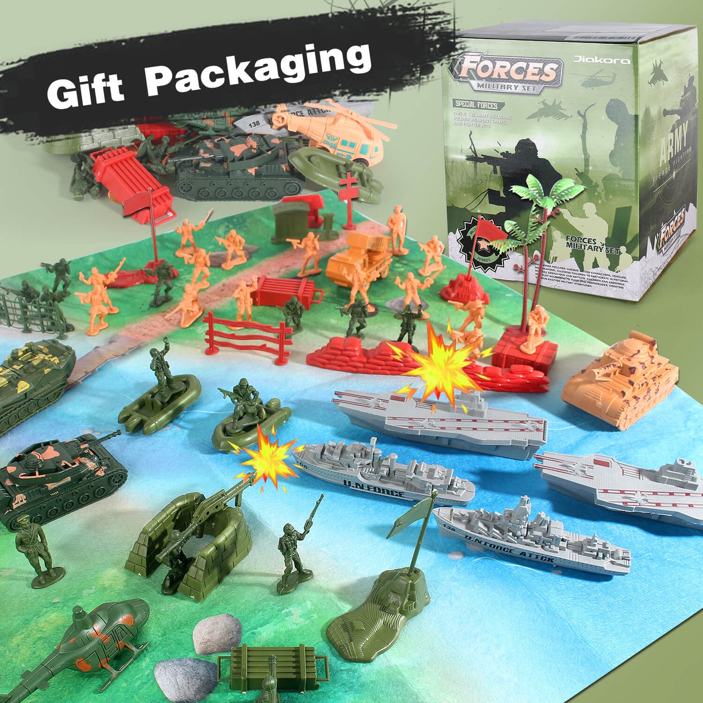 Jiakora Army Men Toys Large Battle Playset - Includes Military Action Figures, Battle Mat, Vehicles, Tanks, Aircrafts & Boats, Pretend Army Base Accessories, Mini Military Playsets Toys for Boys 4-12 Years Old