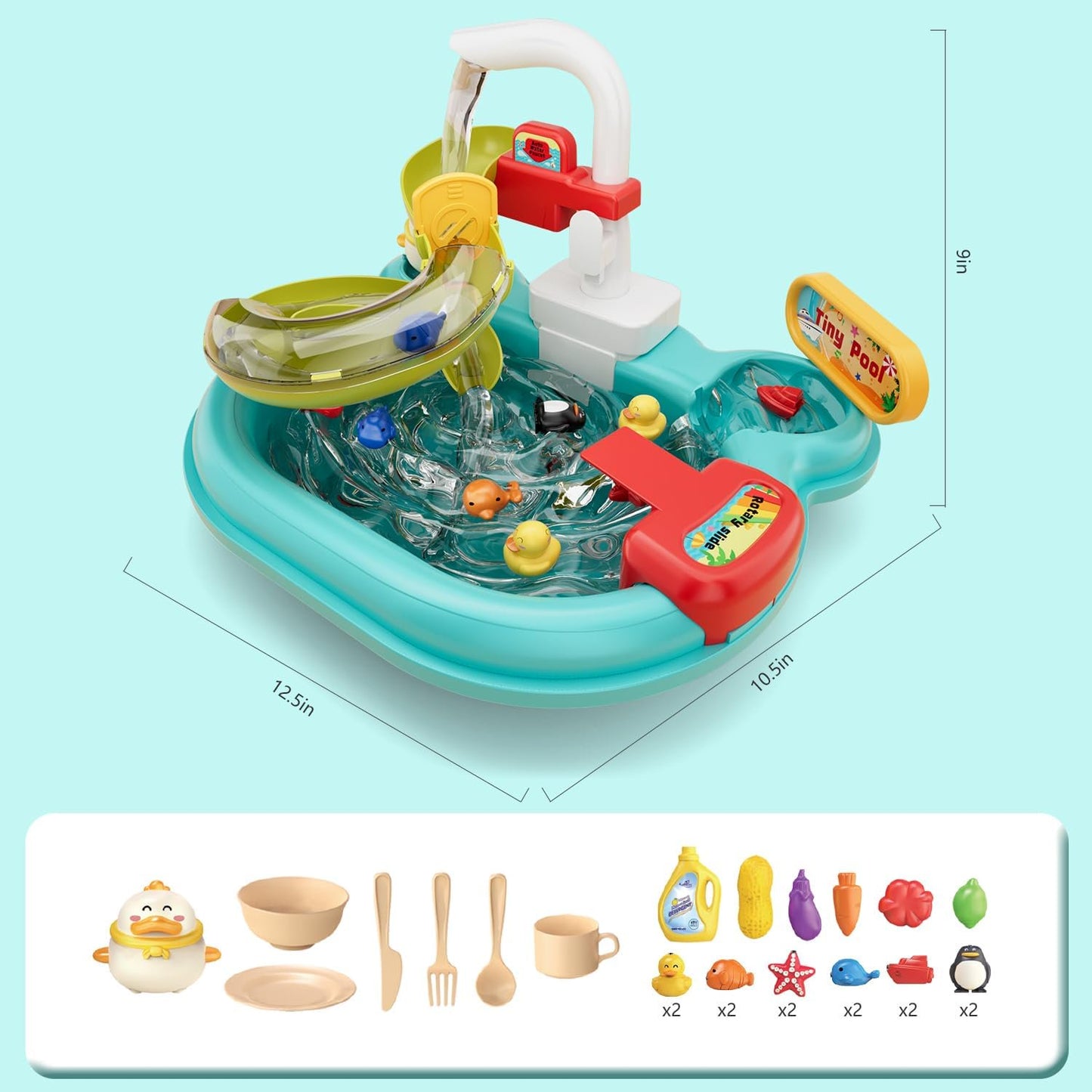 Jiakora Kitchen Sink Toys, Children Electric Dishwasher Playing Toy with Running Water,3 in 1 Fishing Pool Toys Pretend Role Play Toys for Boys Girls 3 Years and Up