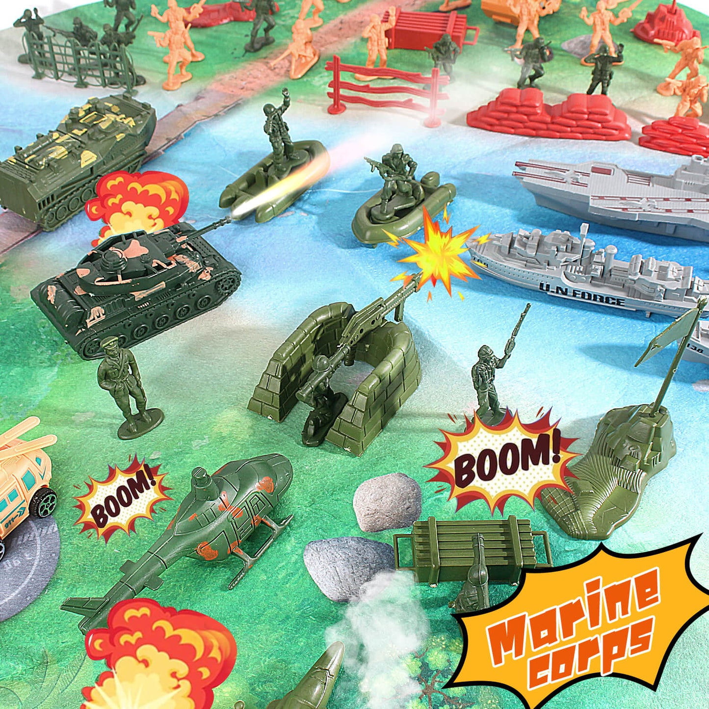 Jiakora Army Men Toys Large Battle Playset - Includes Military Action Figures, Battle Mat, Vehicles, Tanks, Aircrafts & Boats, Pretend Army Base Accessories, Mini Military Playsets Toys for Boys 4-12 Years Old