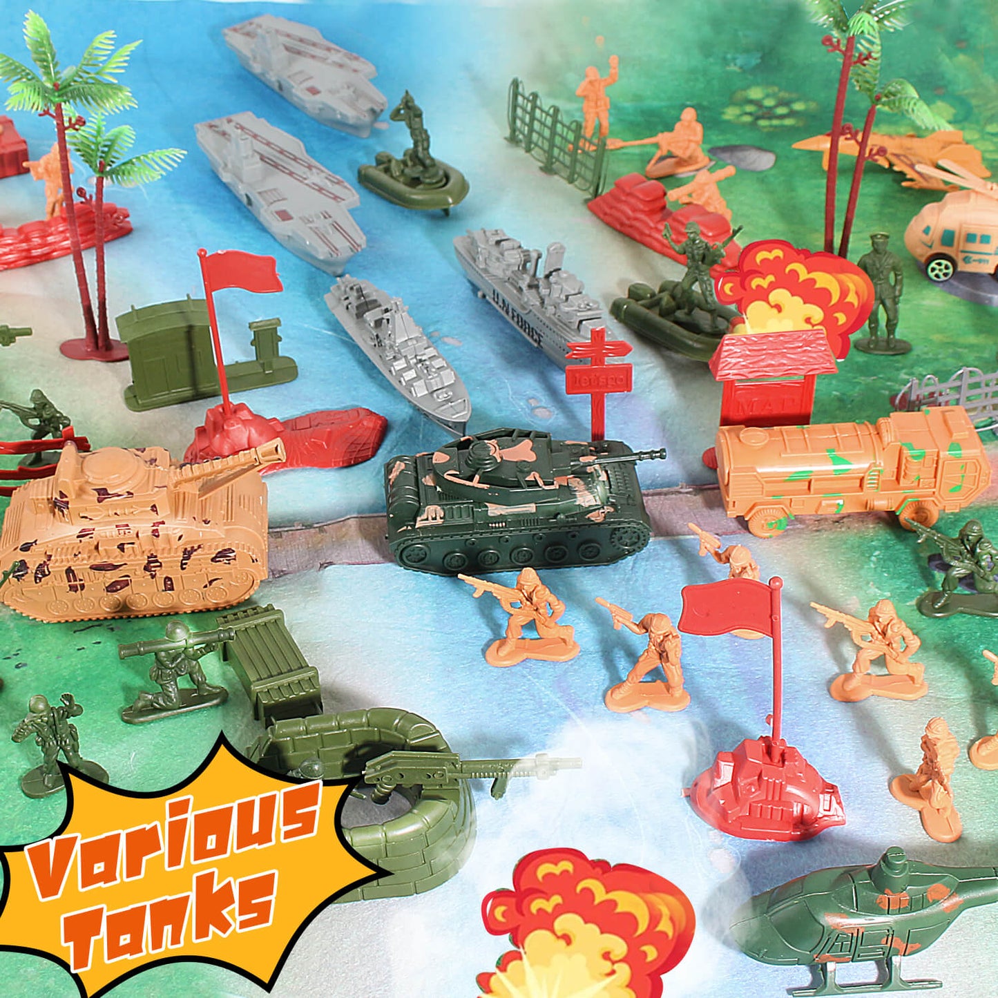 Jiakora Army Men Toys Large Battle Playset - Includes Military Action Figures, Battle Mat, Vehicles, Tanks, Aircrafts & Boats, Pretend Army Base Accessories, Mini Military Playsets Toys for Boys 4-12 Years Old