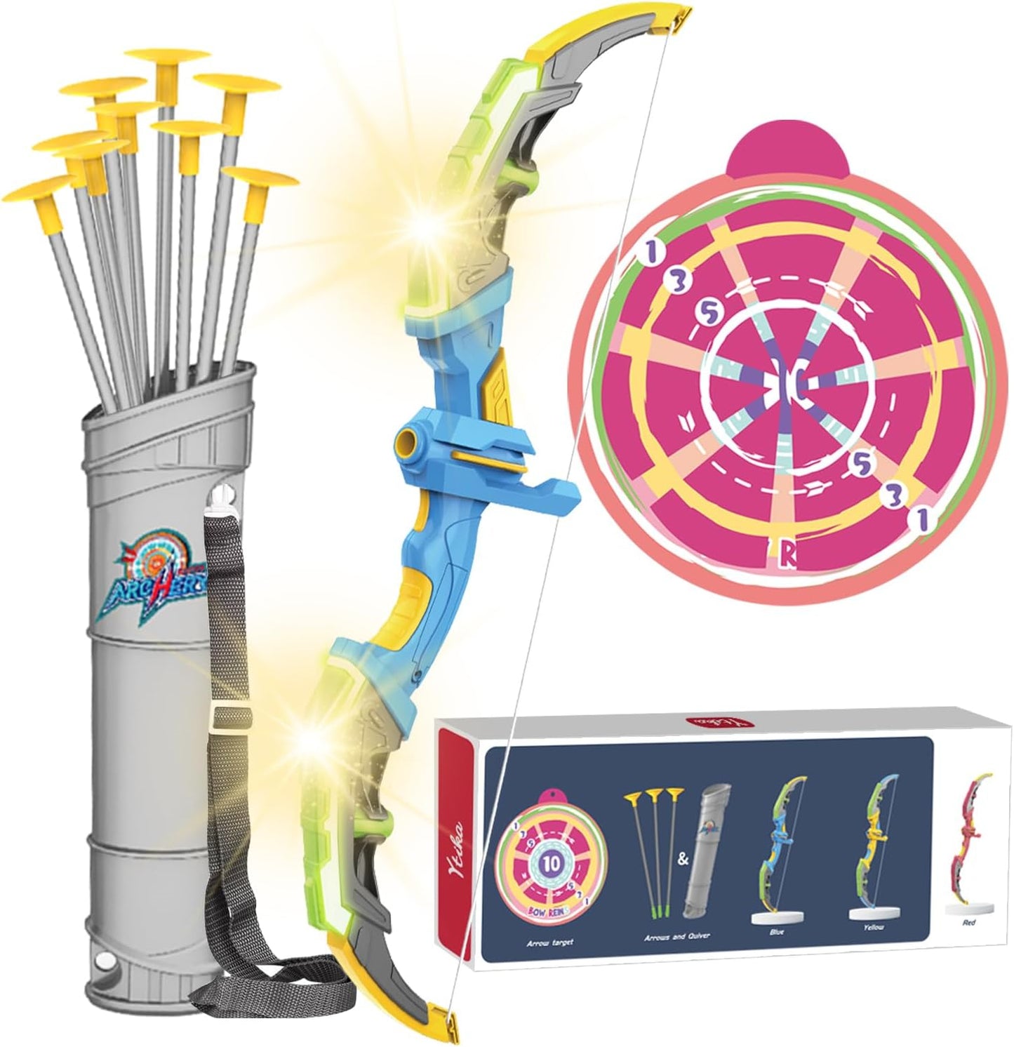 Jiakora Bow and Arrow Set for Kids -Light Up Archery Toy Set -Includes 10 Suction Cup Arrows, Target & Quiver