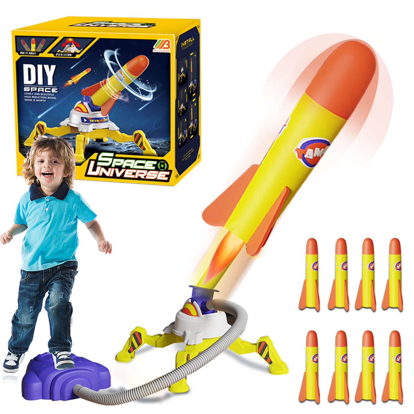 Jiakora Toy Rocket Launcher for Kids, Launch up to 100 ft, 8 Rockets - Fun Outdoor Kids Gifts for Boys & Girls