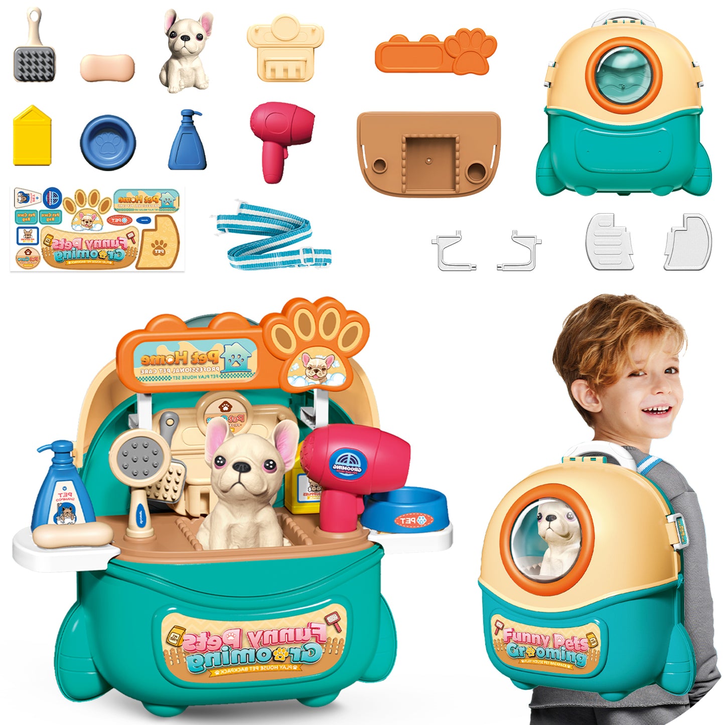 Pet Care Play Set Doctor Kit for Kids, 16 Pcs Doctor Pretend Play Vet Dog Grooming Toys Puppy Dog Carrier Feeding Dog Backpack Gifts for Girls Boys 3-7 Years Old