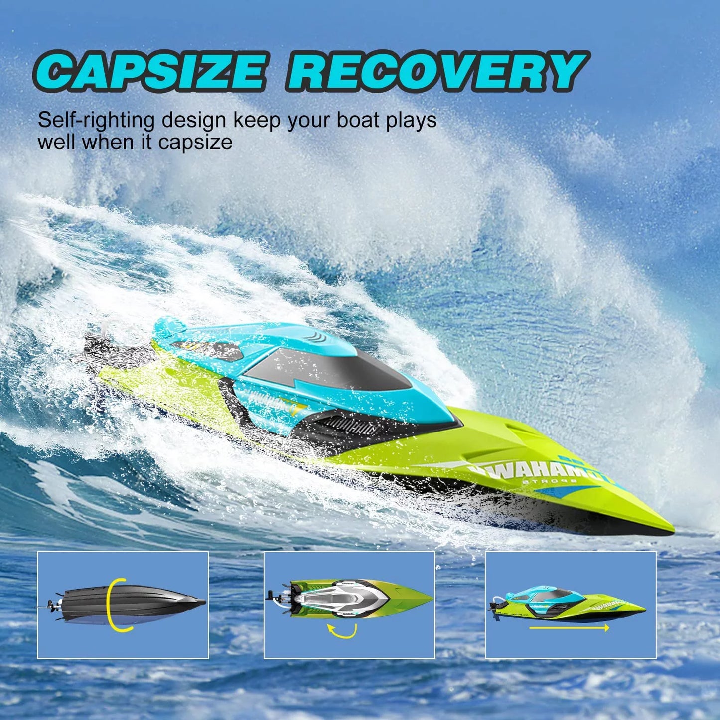 Jiakora S2 High Speed RC Boats with LED Lights & 2 Batteries, 30+ mph Remote Control Boat for Pools and Lakes, Capsize Recovery, Low Battery Reminder,2.4Ghz Racing Boats for Adults and Kids