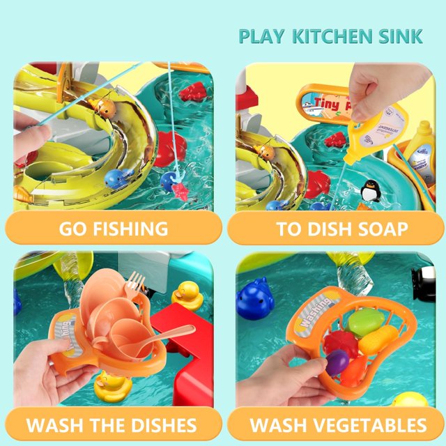 Jiakora Kitchen Sink Toys, Children Electric Dishwasher Playing Toy with Running Water,3 in 1 Fishing Pool Toys Pretend Role Play Toys for Boys Girls 3 Years and Up